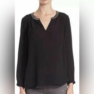 Joie LS Black Silk with Collar Beading Detail Pullover Blouse L